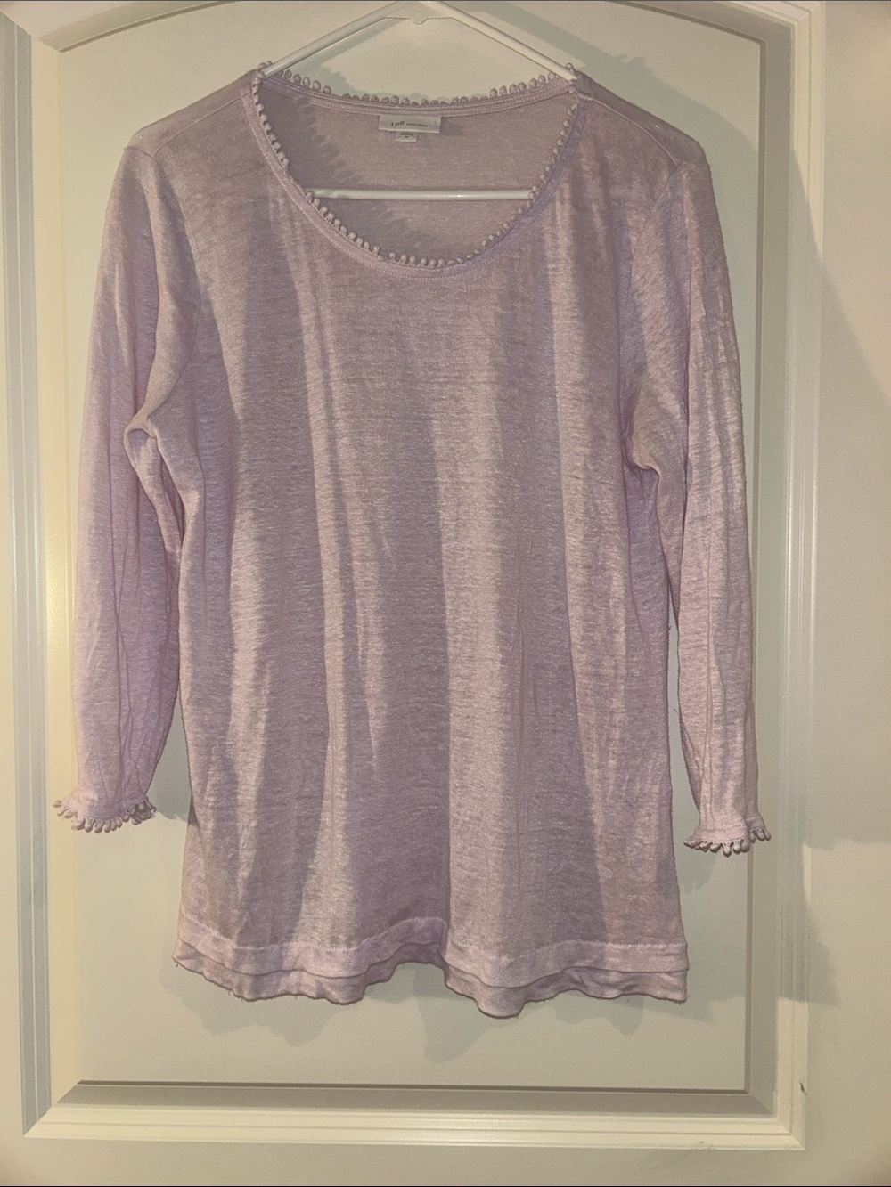 J. Jill Light Lavender Linen Long-Sleeve Scoop Neck Top Pom Pom detail